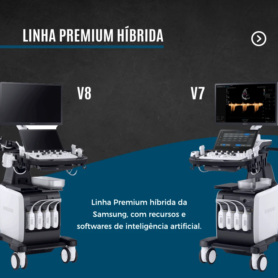William Vogt, carrossel linhas de ultrassom Samsung, slide 4 de 5: linha Premium Híbrida, com o V8 e o V7