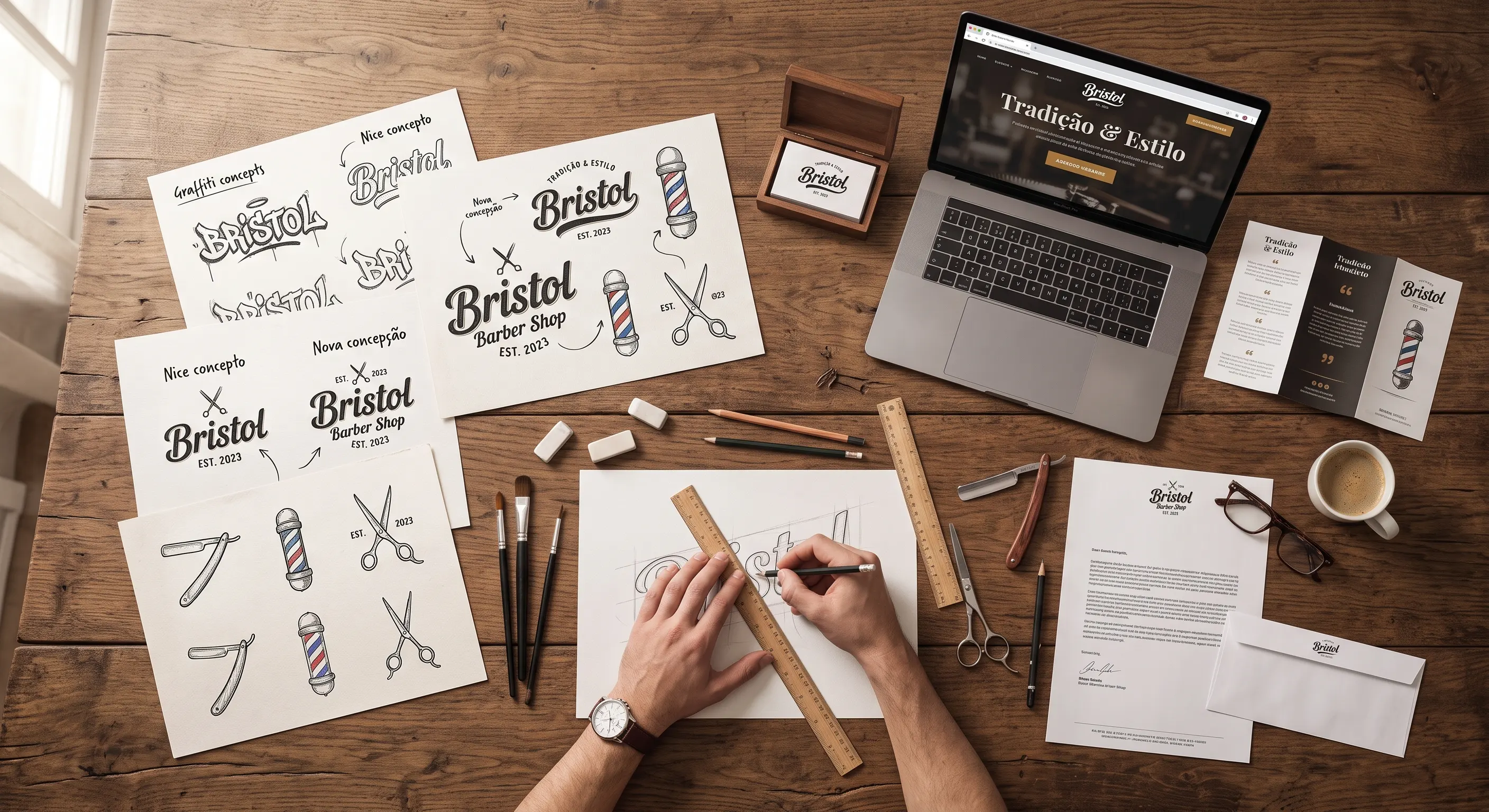 Mesa de trabalho com o processo de criação de uma identidade visual: versões do logotipo, paleta de cores e aplicações impressas.