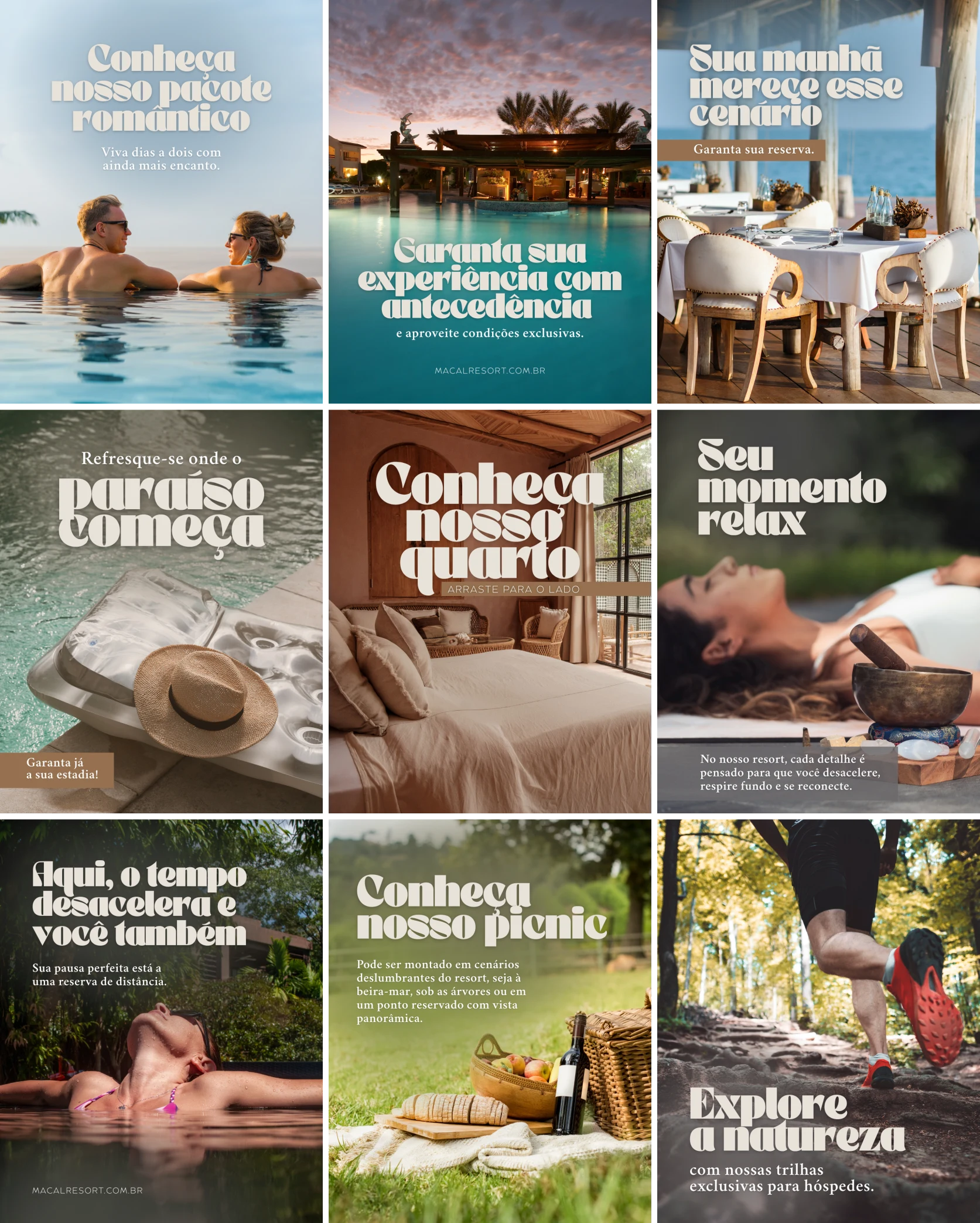 Grade do feed do Macal Resort, com pacote romântico, quartos, café da manhã, spa, picnic e trilhas na natureza