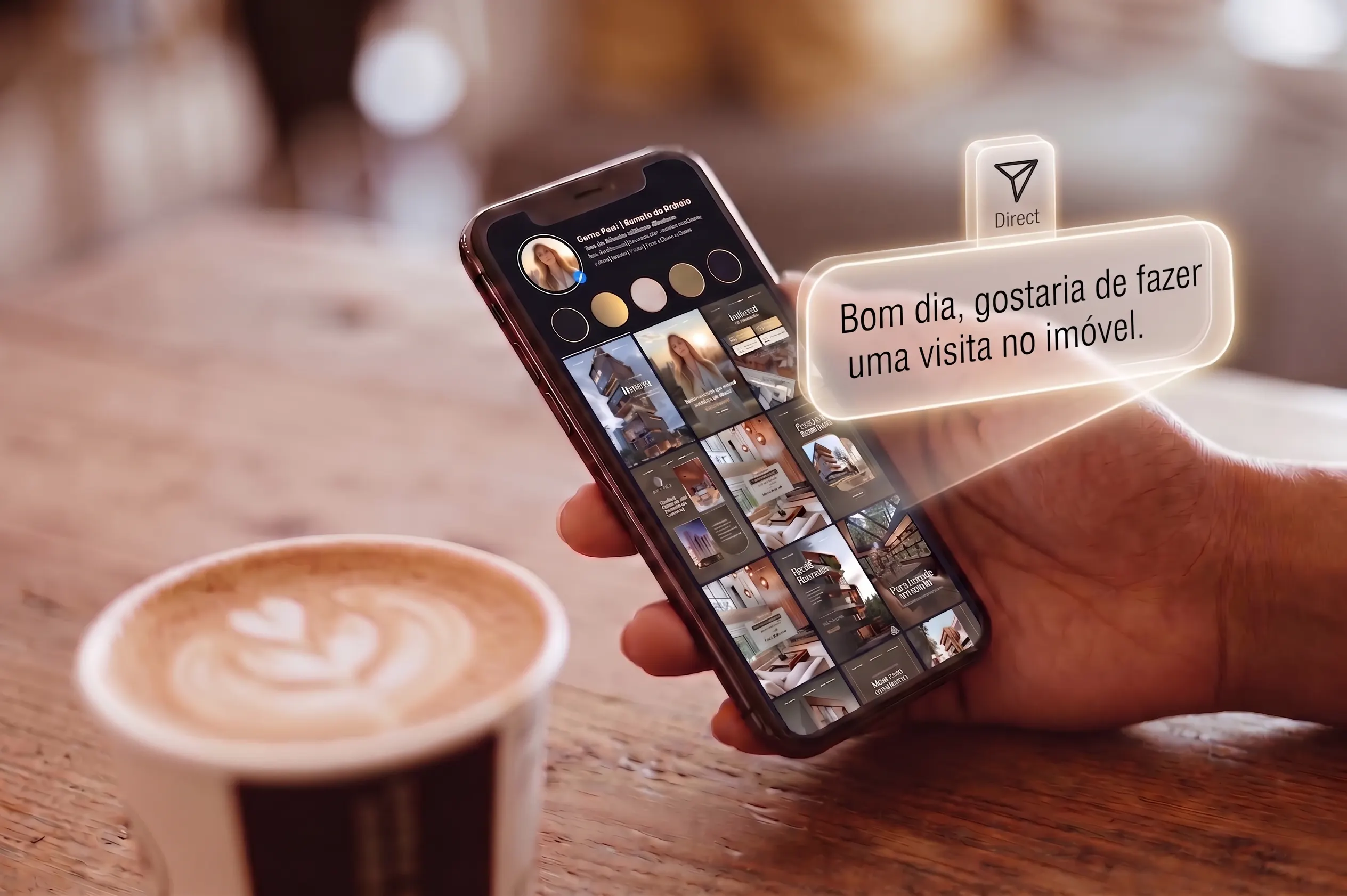 Mão segurando um celular com o feed de um perfil no Instagram e um balão de mensagem do direct: “Bom dia, gostaria de fazer uma visita no imóvel.”