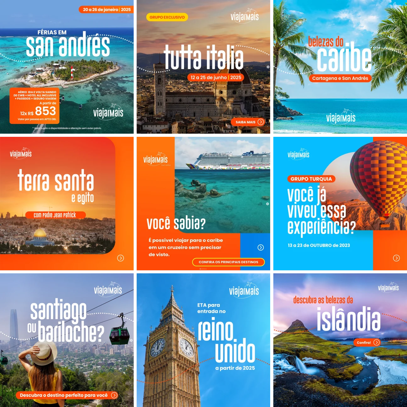 Grade do feed da Viajar Mais, com destinos como San Andrés, Itália, Caribe, Terra Santa, Turquia, Reino Unido e Islândia