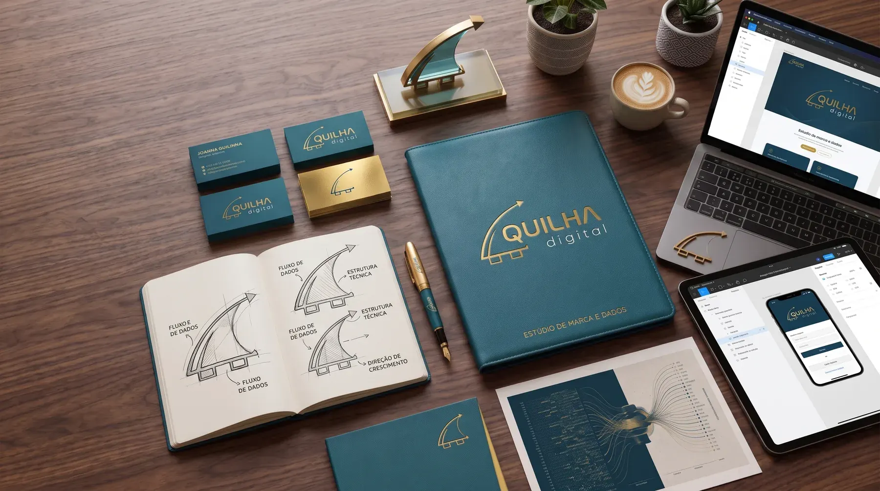 Mesa com papelaria, caderno de esboços, notebook e tablet com a marca Quilha Digital aplicada.