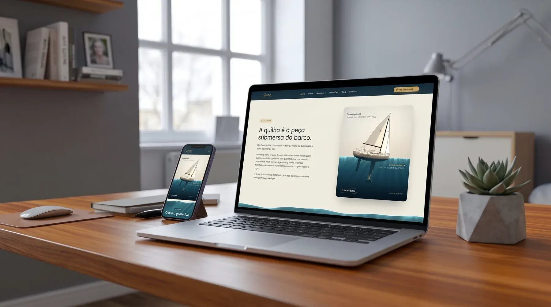 Site da Quilha aberto no notebook e no celular sobre uma mesa de madeira.